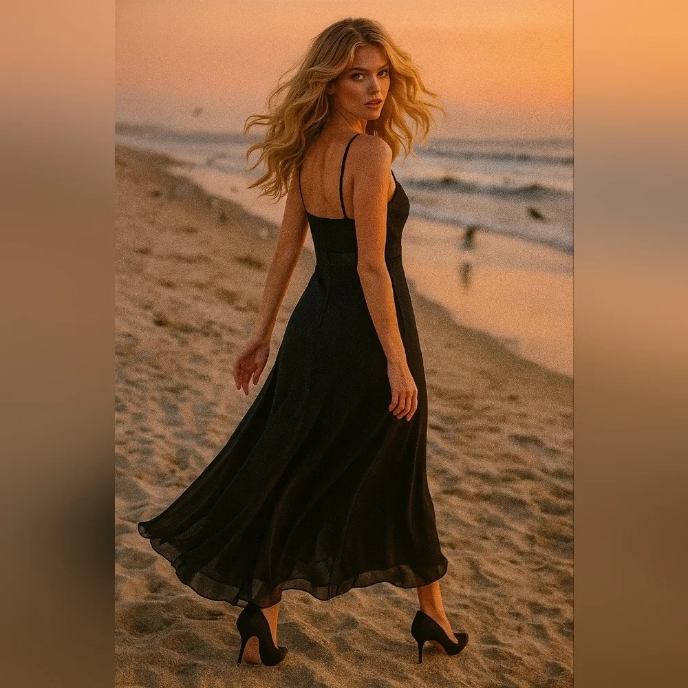 Black Asymmetrical Dress. Satin Waist. Flowy Hem. Size 8. Spaghetti Staps - Picture 4 of 7